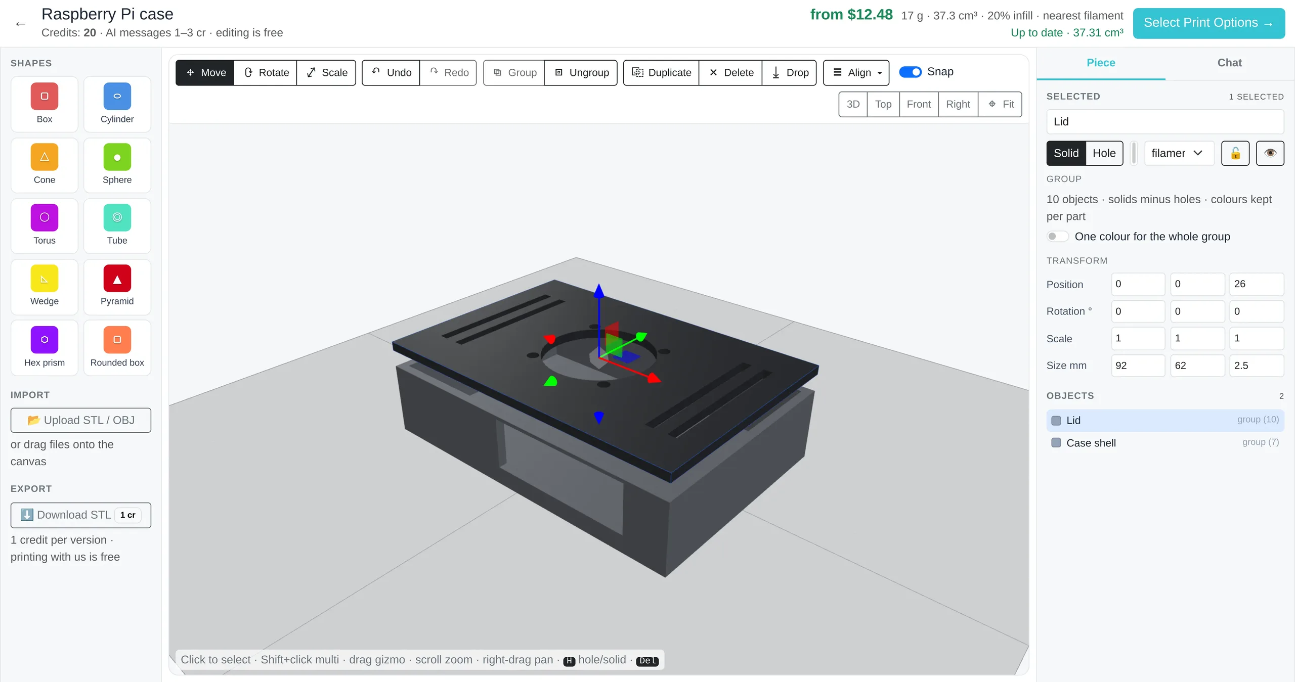 The Designer: a Raspberry Pi case built from boxes and holes, with the shapes library on the left and the selected-piece inspector on the right