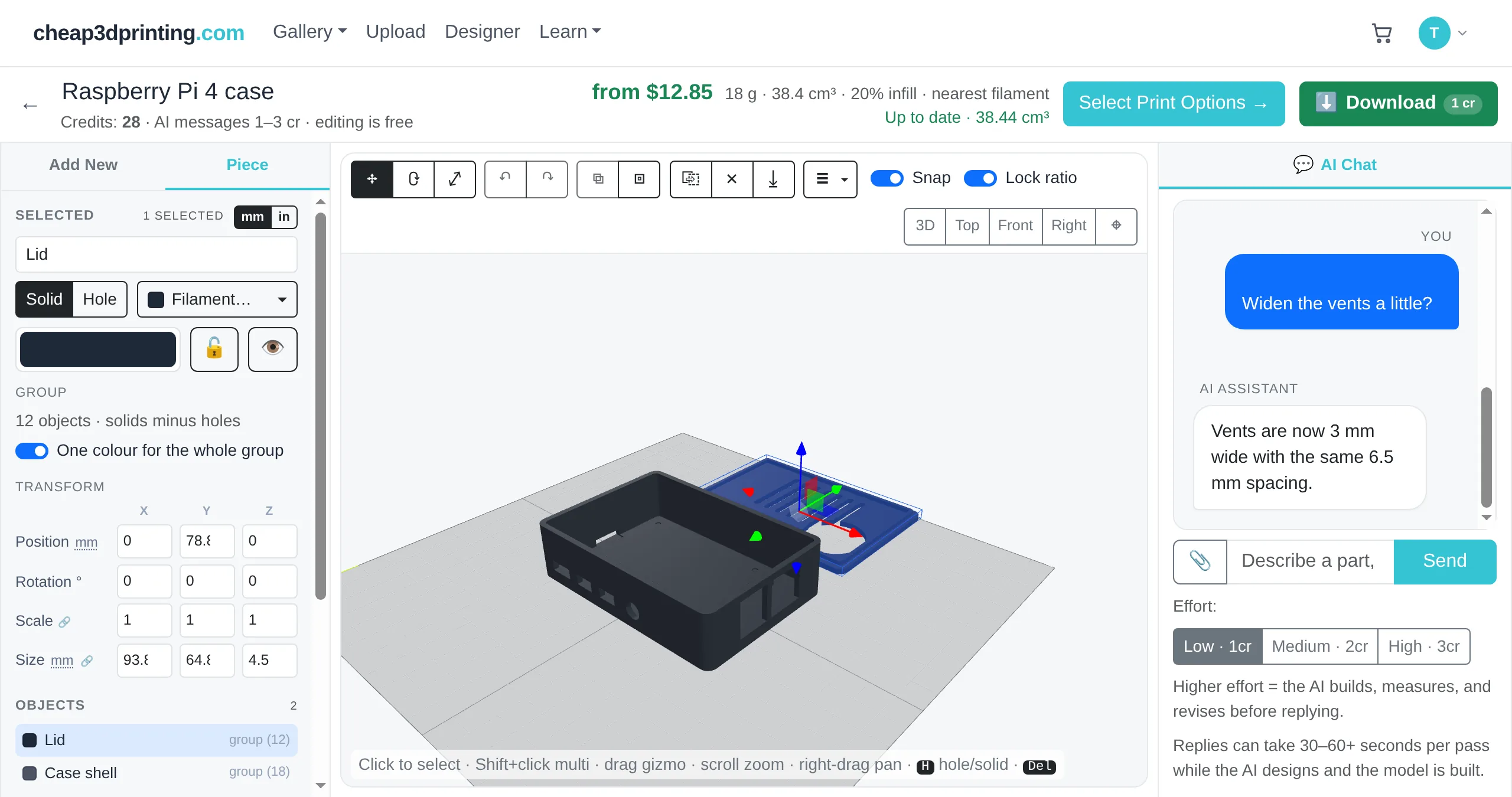 The Designer: a Raspberry Pi case built from boxes and holes, with the selected piece's settings on the left, the 3D view in the middle and the AI chat on the right