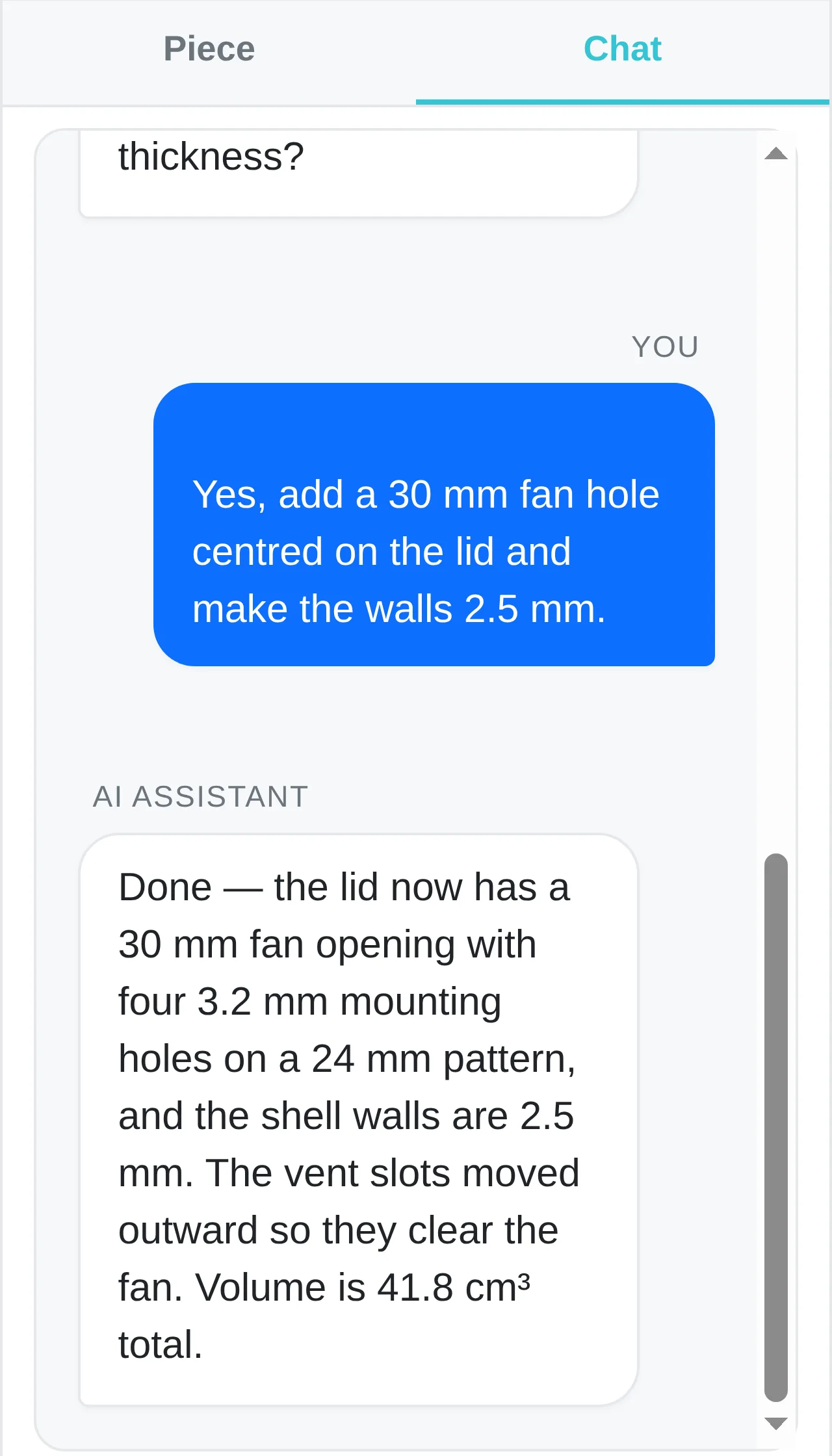 The Chat tab: asking the AI to add a 30 mm fan hole to the lid of the case, and its reply describing the change