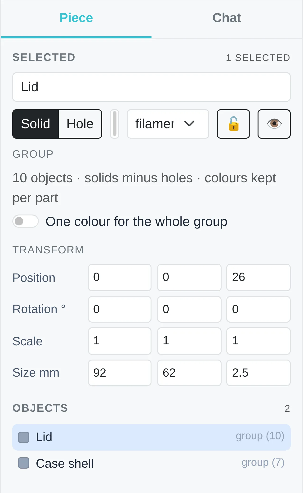 Piece inspector: name, size in millimetres, position, hole/solid, filament colour, and the object list