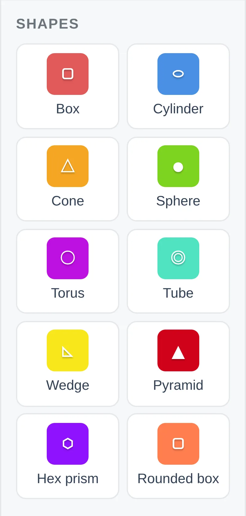 Shape library: box, cylinder, cone, sphere, torus, tube, wedge, pyramid, hex prism, rounded box, plus STL/OBJ upload